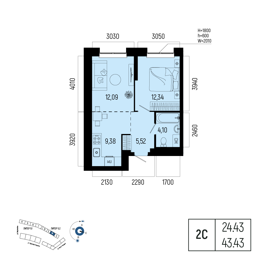 2-комнатная квартира, 43.43 кв.м, Новатор