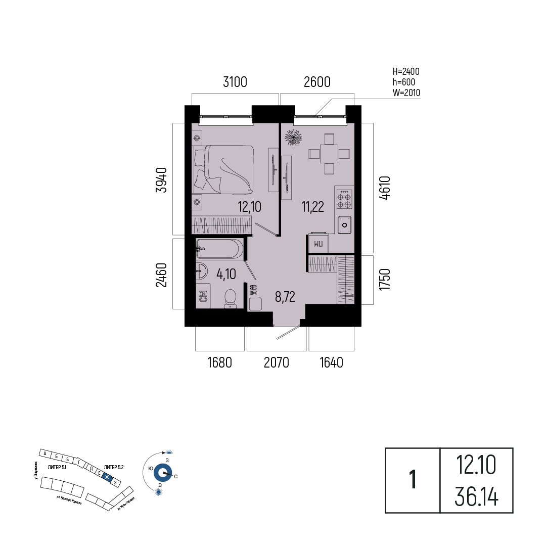 1-комнатная квартира, 36.14 кв.м, ЖК «Новатор»