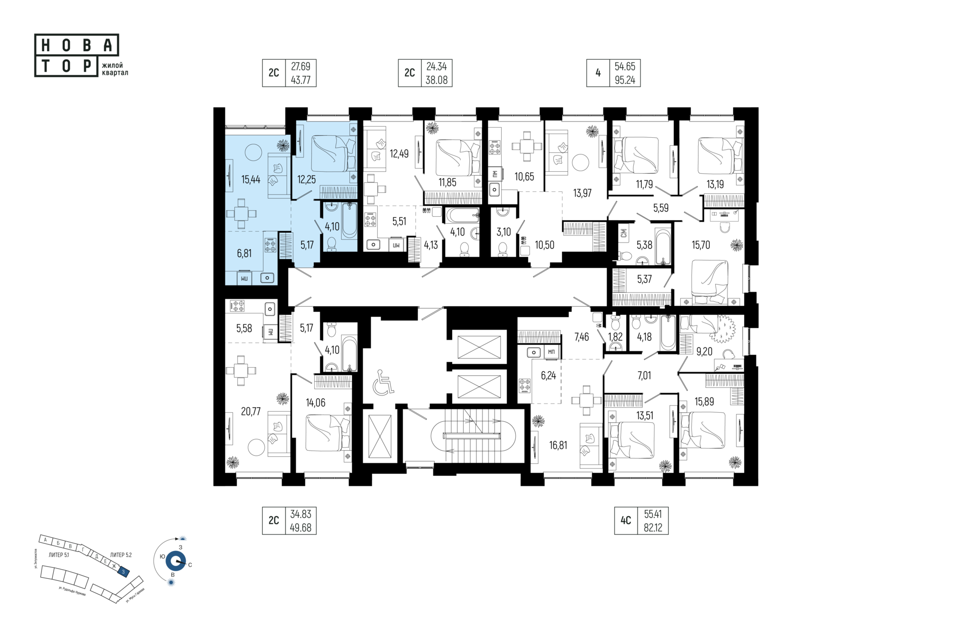 2-комнатная квартира, 43.77 кв.м, Новатор, изображение-2