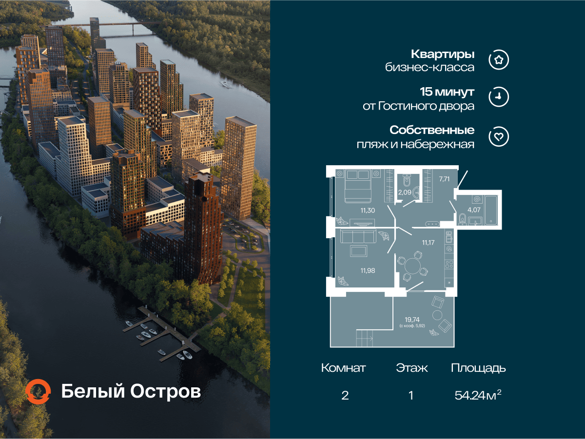 2-комнатная квартира, 54.24 кв.м, Первый Остров, изображение-3